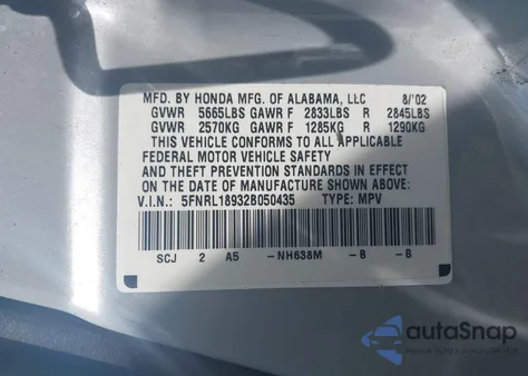 2002 Honda Odyssey Ex-L из США, поврежденный, VIN 5FNRL18932B050435